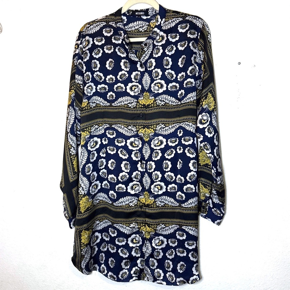Missguided Shirt Dress 12 Blue Boho Floral Button Down Oversized Boxy Office
